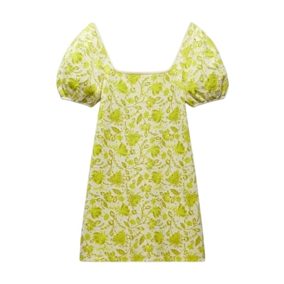 Zara Jacquard Knit Floral Puff Sleeve Mini Dress Citrus Yellow Green Size S - Picture 4 of 13